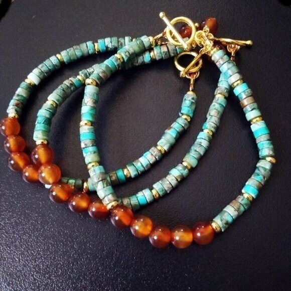Slim Minimalist Boho Toggle Bracelet! Sea Sediment Jasper & Agate + Gold Accents - Picture 11 of 12